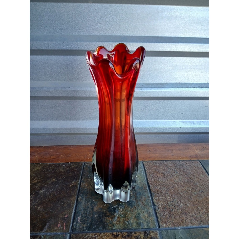 MCM Amberina Cadmium Glass Swung Vase Red Orange UV Glow Viking Style 14"